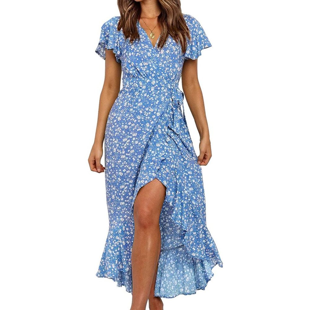 ZESICA Women's Summer Bohemian Floral Printed Wrap V Neck Dress Medium